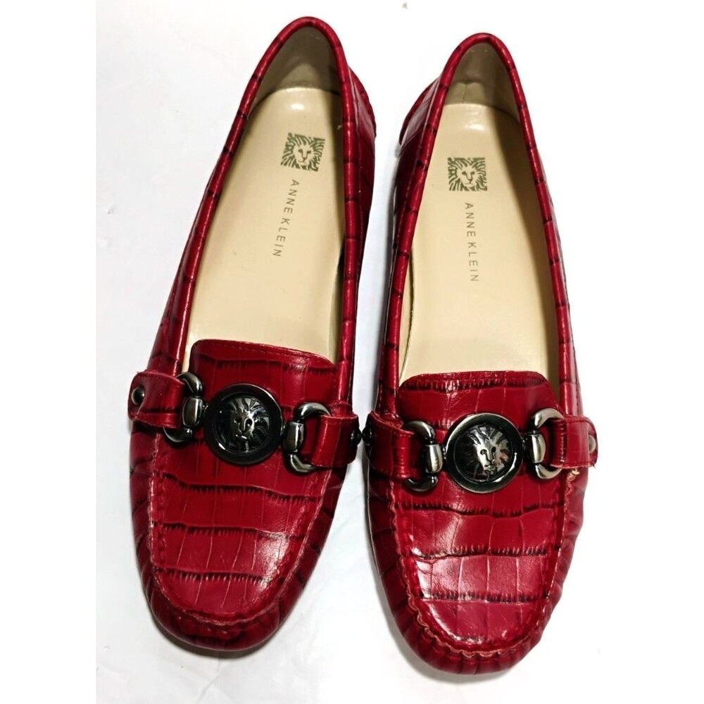 Anne Klein Red Moc Toe Leather Loafers Flats Woman Size 6 M Croc Alligator Shoes